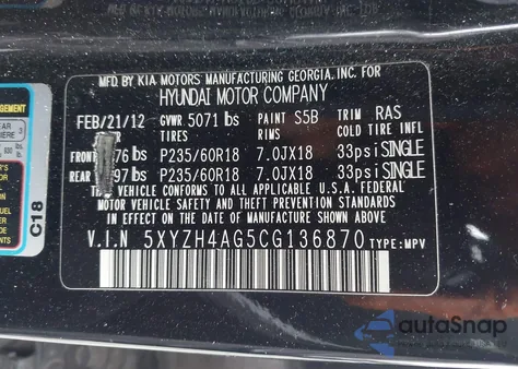 2012 Hyundai Santa Fe Se z USA, uszkodzony, nr VIN 5XYZH4AG5CG136870